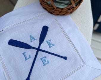 Servilletas de cóctel bordadas con motivos de lago, regalos para anfitrionas, bordado de remos de barco