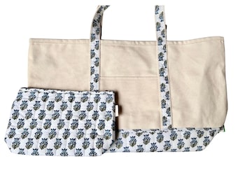 Bolsa de mano personalizada con estampado de bloques: cierre de cremallera con monograma rosa y aguamarina