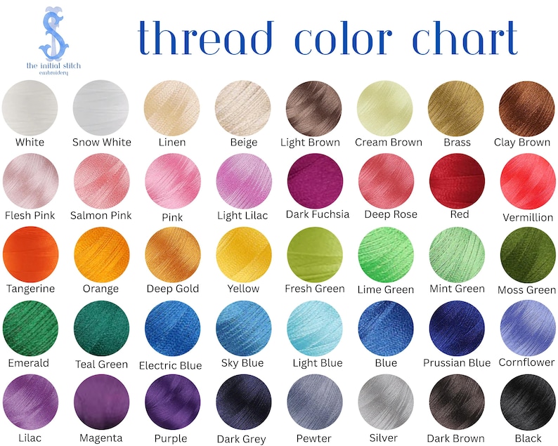 Pu&ograve; includere: Una tabella dei colori del filo mostra una variet&agrave; di colori del filo. La tabella include una gamma di colori, dal bianco e beige alle tonalit&agrave; vivaci come il rosso, il verde e il blu. Il testo "thread color chart" &egrave; visualizzato in blu.