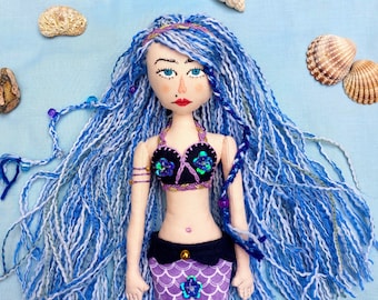 Mermaid Raya | Handmade Collectors Doll | Heirloom Doll | Nautical Display Decor for Sea Lovers | OOAK | One of a Kind Fabric Artdoll