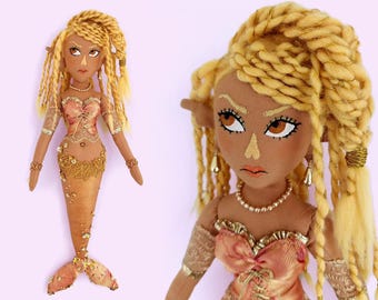 Golden Mermaid Orla | Handmade Collectors Doll | Heirloom Doll | Nautical Queen Display Decor | OOAK | One of a Kind Fabric Artdoll