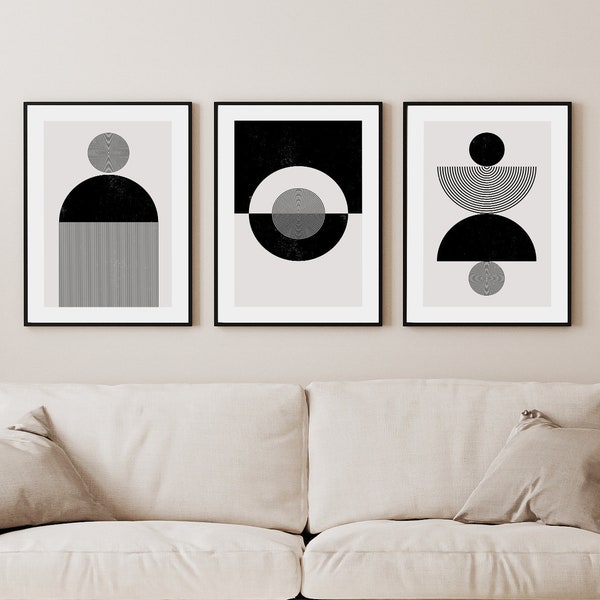 Set of 3 Black and White Wall Art | Monochrome Abstract Prints | Geometric Abstract Art | Black and White Prints | Modern Posters