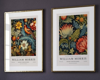 Conjunto de 2 grabados de William Morris, impresión de exposición de William Morris, cartel de William Morris, arte de pared vintage, arte textil, cartel de arte de aves