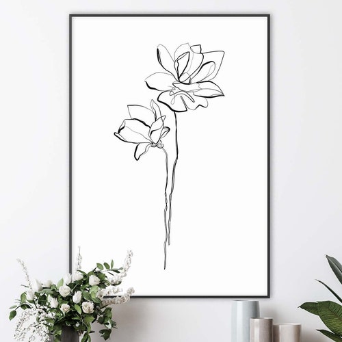 One Line Flower Minimalist Art Floral Black and White Print - Etsy