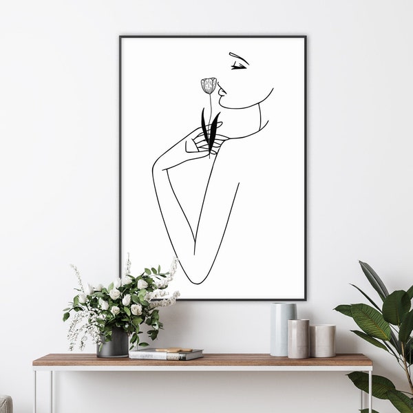 Ruikende bloemen mooie vrouw print | Vrouwelijke lichaamsafdruk | Vrouwelijke gezichtsafdruk | Eenvoudig gezicht | Vrouwelijke lijntekening afdrukken | Minimale kunstprint