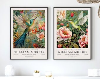 Conjunto de 2 grabados de William Morris, impresión de exposición de William Morris, cartel de William Morris, arte de pared vintage, arte textil, arte de colibrí
