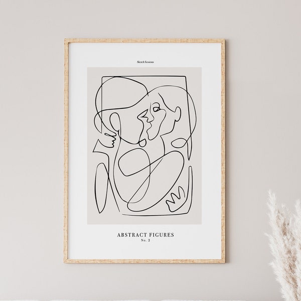 Dessin au trait de couple s’embrassant | Impression de dessin au trait abstrait | Décor beige | Corps féminin artistique | Noir Blanc | Dessin au trait d’affiche féminine