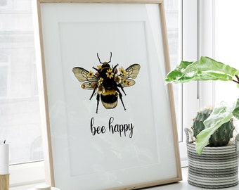 Bumble Bee Kitchen Decor | Bee Happy Print | Bumble Bee Print | Bee Kind Print | Be Yourself | Bumble Bee Decor | Sunflowers Wall Art