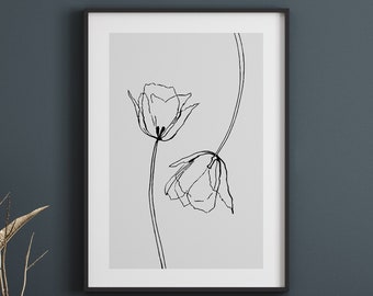 Grey Flower Line Drawing | Abstract Line Art | Grey Decor | Poppy Print | Black and White | Floral Print | Minimalist Wall Art Poster