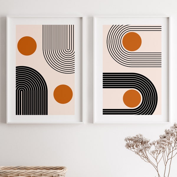 Set of 2 Black and Orange Abstract Wall Art | Geometric Abstract Print | Line Art Abstract Art | Grey Abstract Print Pink Watercolour