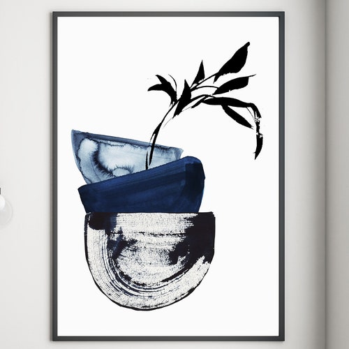 Japanese Abstract Bowl Art Prints Navy Blue Wall Art Etsy