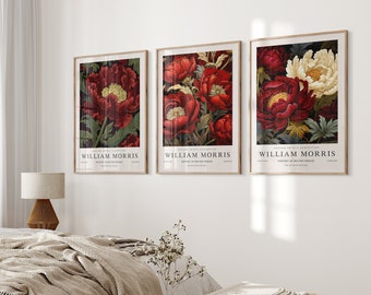 Set of 3 William Morris Prints, Exhibition Prints, Burgundy William Morris Poster, Vintage Wall Art, Textiles Art, Vintage Poster, Red Peony