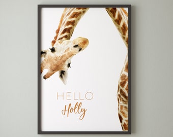 Giraffe Print | Giraffe Art | Giraffe Animal Nursery Decor | Giraffe Nursery Wall Art | Hello Personalised Nursery Safari Prints