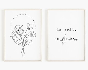No Rain No Flowers | Set of 2 Flower Prints | Black and White Prints | Botanical Prints | Floral Prints | Geometric Prints Set of 2 Wall Art