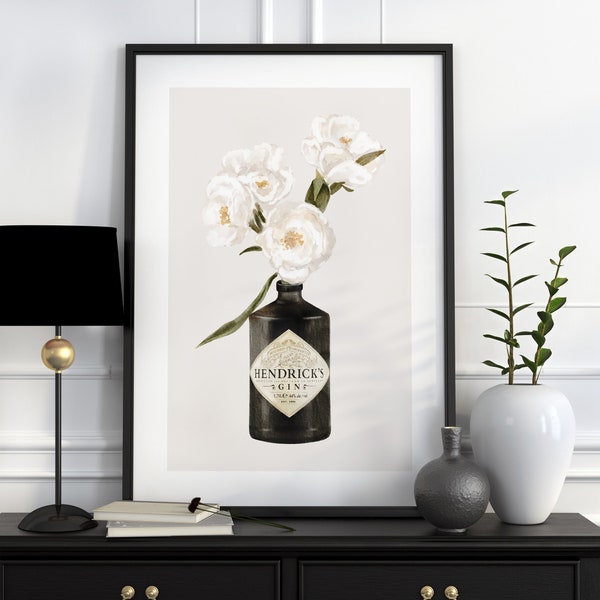 Hendrick's Gin-afdruk | Gin fles met bloemen kunst | Bloemen gin fles kunst aan de muur | Gin-cadeaus | Gin glazen fles afdrukken | Gin Bar-teken