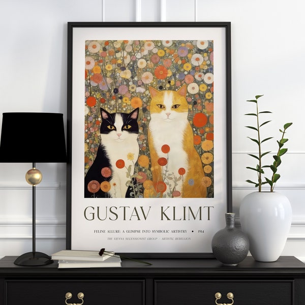 Impresión de Gustav Klimt, cartel del museo de Klimt, cartel de Gustav Klimt, cartel de la exposición de Klimt, pintura de Gustav Klimt, gato negro, impresión de gato de jengibre