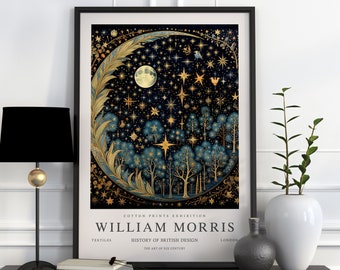 William Morris Moon & Stars Print, William Morris Tentoonstelling Print, William Morris Poster, Vintage Wall Art, Textielkunst, Vintage Poster