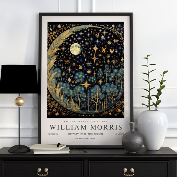 William Morris Moon & Stars Print, William Morris Exhibition Print, Cartel de William Morris, Arte de pared vintage, Arte textil, Cartel vintage