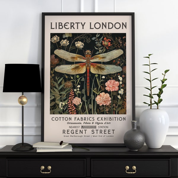 Impression Liberty London, impression William Morris, impression de l'exposition, affiche William Morris, art mural vintage, textiles, affiche vintage, libellule