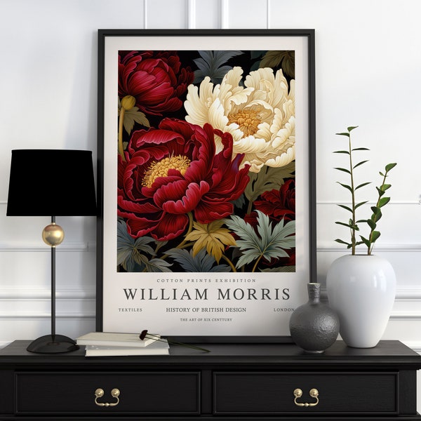 William Morris Print, William Morris Exhibition Print, Burgundy William Morris Poster, Vintage Wall Art, Textiles Art, Vintage Poster Red