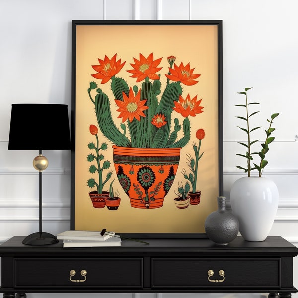 Vintage Mexican Cactus Poster, Colourful Mexican Art Prints, Traditional Mexican Artwork, Floral Vintage Poster, Latin Decor, Cultural Gift