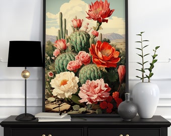 Vintage Mexican Cactus Poster, Colourful Mexican Art Prints, Traditional Mexican Artwork, Floral Vintage Poster, Latin Decor, Cultural Gift