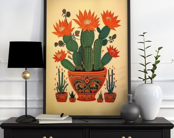 Vintage Mexican Cactus Poster, Colourful Mexican Art Prints, Traditional Mexican Artwork, Floral Vintage Poster, Latin Decor, Cultural Gift
