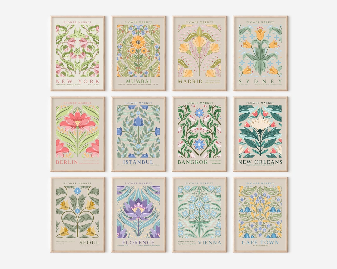 Flower Market Print, Set of 12, Botanical Wall Art, Floral Decor ...