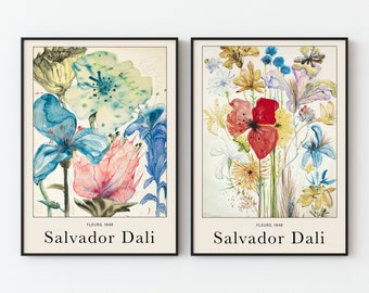 Flower Market Print, Salvador Dali Print, Salvador Dali Art, Salvador Dali Poster, Flower Wall Art Set of 2, Surrealism, Retro Gallery Wall