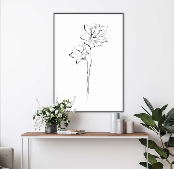 One Line Flower Minimalist Art Floral Black and White Print | Etsy