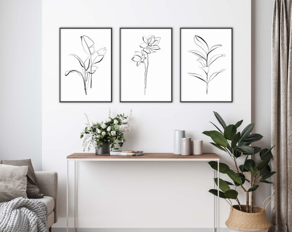 Set of 3 Flower Prints Simple Artwork Black and White - Etsy
