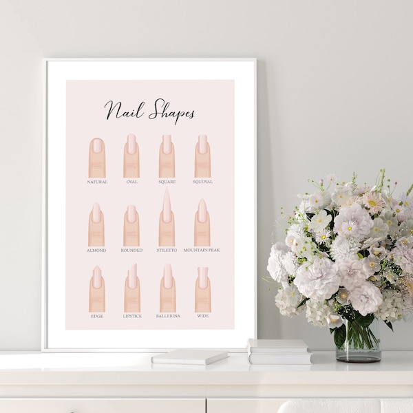 Nail Shapes Wall Print | Nail Salon Decor | Manicure Pedicure | Nail Technician | Blush Pink and Grey | Wall Art | Beauty Wall Decor Poster