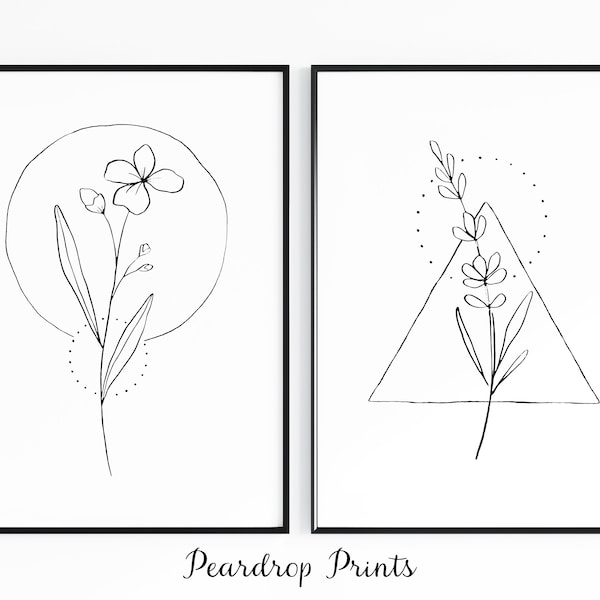 Set of 2 Flower Prints | Minimalist Wall Art Prints | Black and White Prints | Set of 2 Living Room Prints | Simple Artwork | Minimalist Art