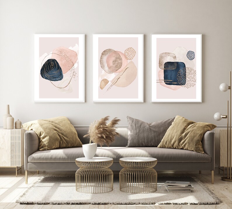 Pink Gold Navy & Cream Wall Art Abstract Print Abstract Etsy
