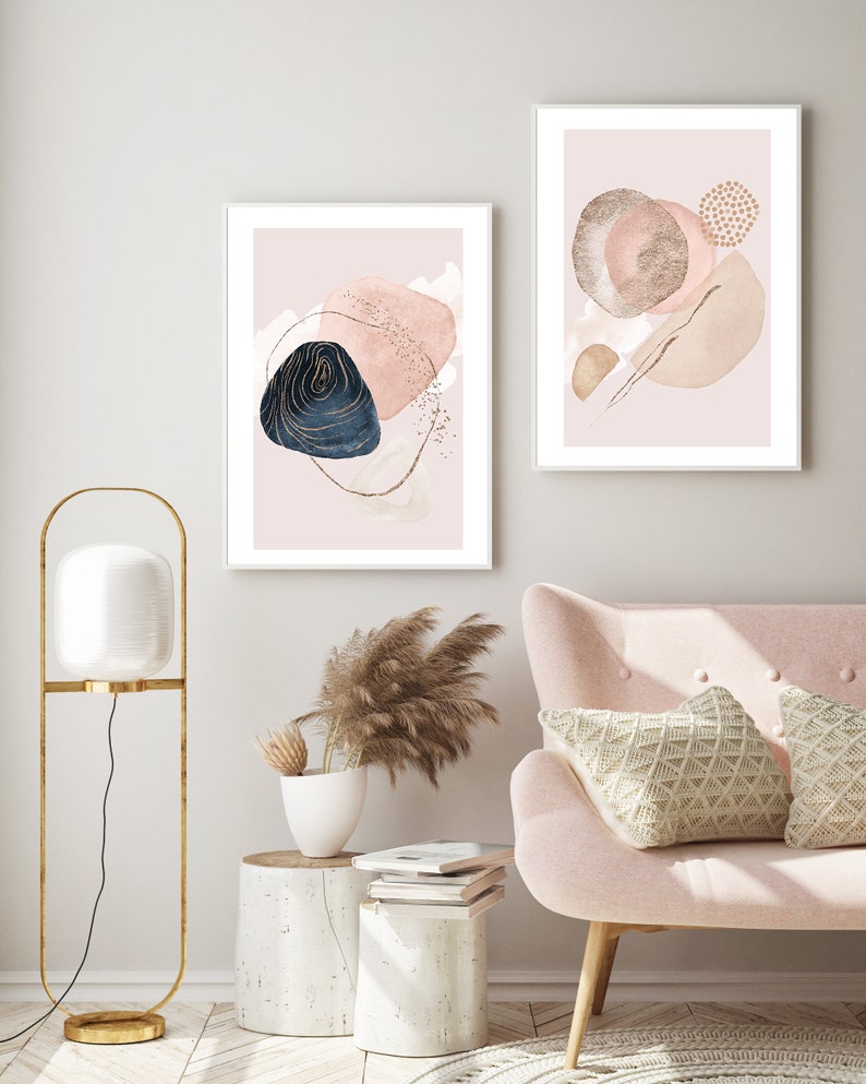 Pink Gold Cream & Navy Wall Art Abstract Wall Art Abstract Etsy