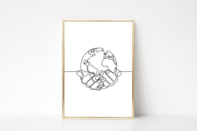 World in Hands Print Simple Home Decor One Line Drawing - Etsy
