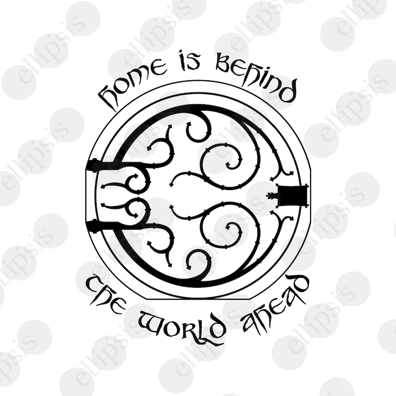 May include: Black and white illustration of a round door with intricate designs. The text "Home is behind, the world ahead" is written around the door.