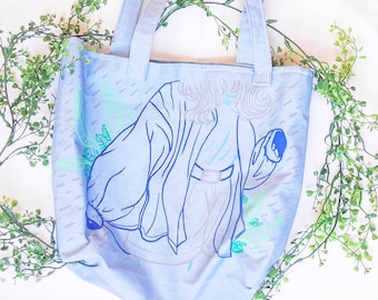 Adorable cute kawaii powder pastel blue fully lined handmade hand painted rainy day plant aesthetic shoulder bag purse