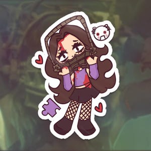 May include: A die-cut sticker featuring a cartoon character with long brown hair wearing a purple long-sleeve top, a black skirt, and fishnet stockings. The character has a metal jaw trap on their face, red blood splatters, two red hearts, a purple puzzle piece, and a small white circular icon with a red spiral design.