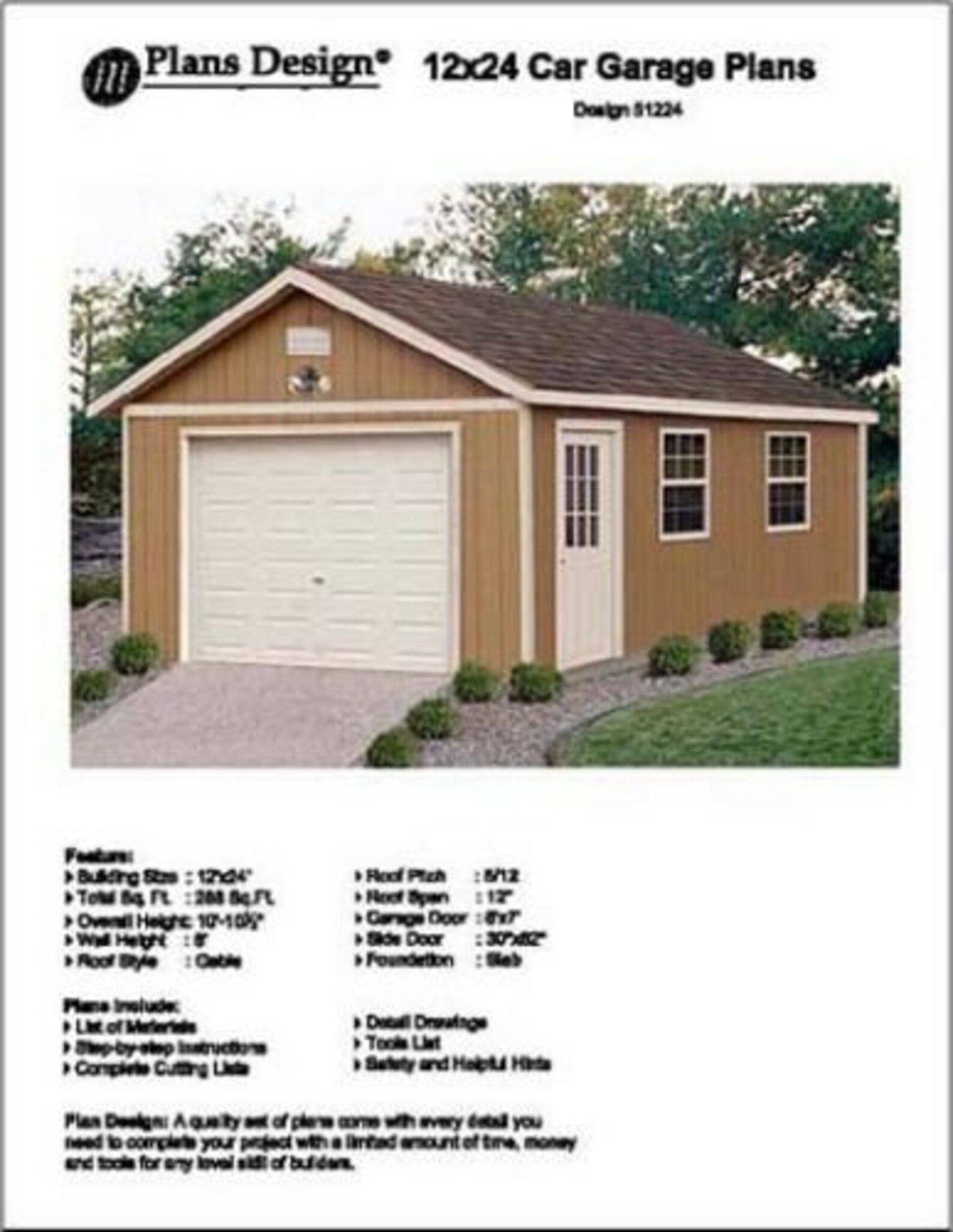 12' X 24' Car Garage Project Plans Material List Etsy