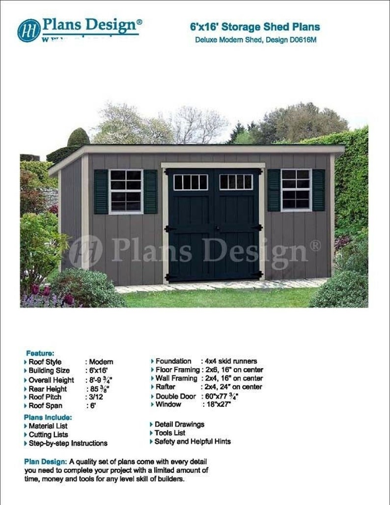 6 X 16 Deluxe Storage Shed Plans Building Blueprints Modern Roof D0616m Drawing Illustration Architectural Drawings Deshpandefoundationindia Org