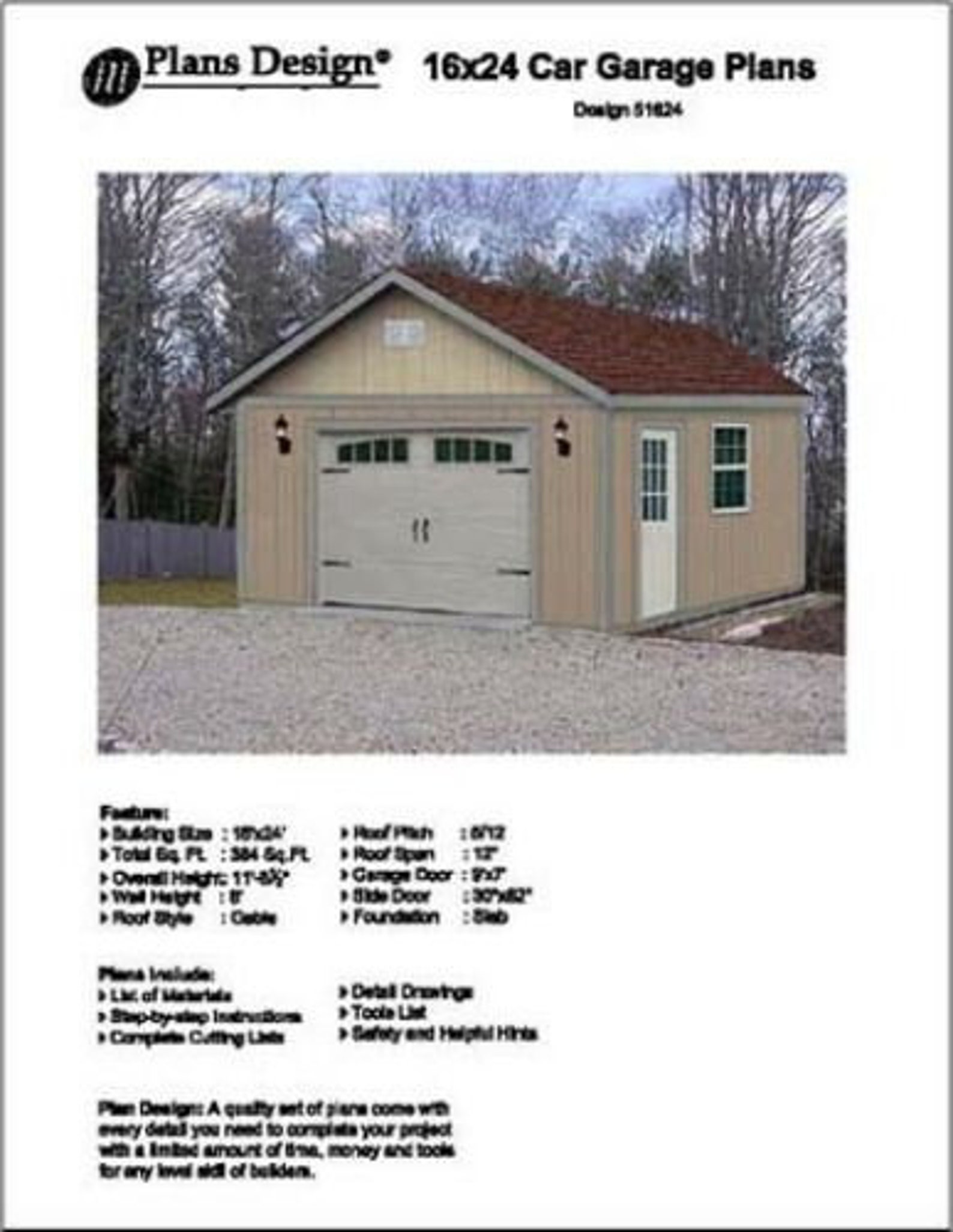 16' X 24' Car Garage Project Plans Material List Etsy