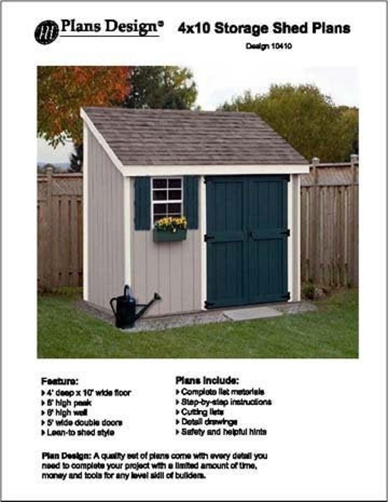 4' X 10' Lean-to Storage Shed Project Plans Design Etsy
