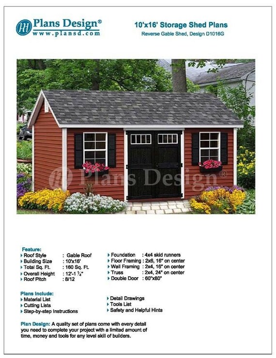 Backyard Shed Plans 10 X 16 Reverse Gable Roof Style Etsy