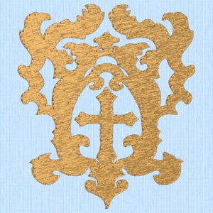 Pode incluir: Um design decorativo ornamentado de cor dourada com uma cruz no centro. O design lembra um brasão de armas.
