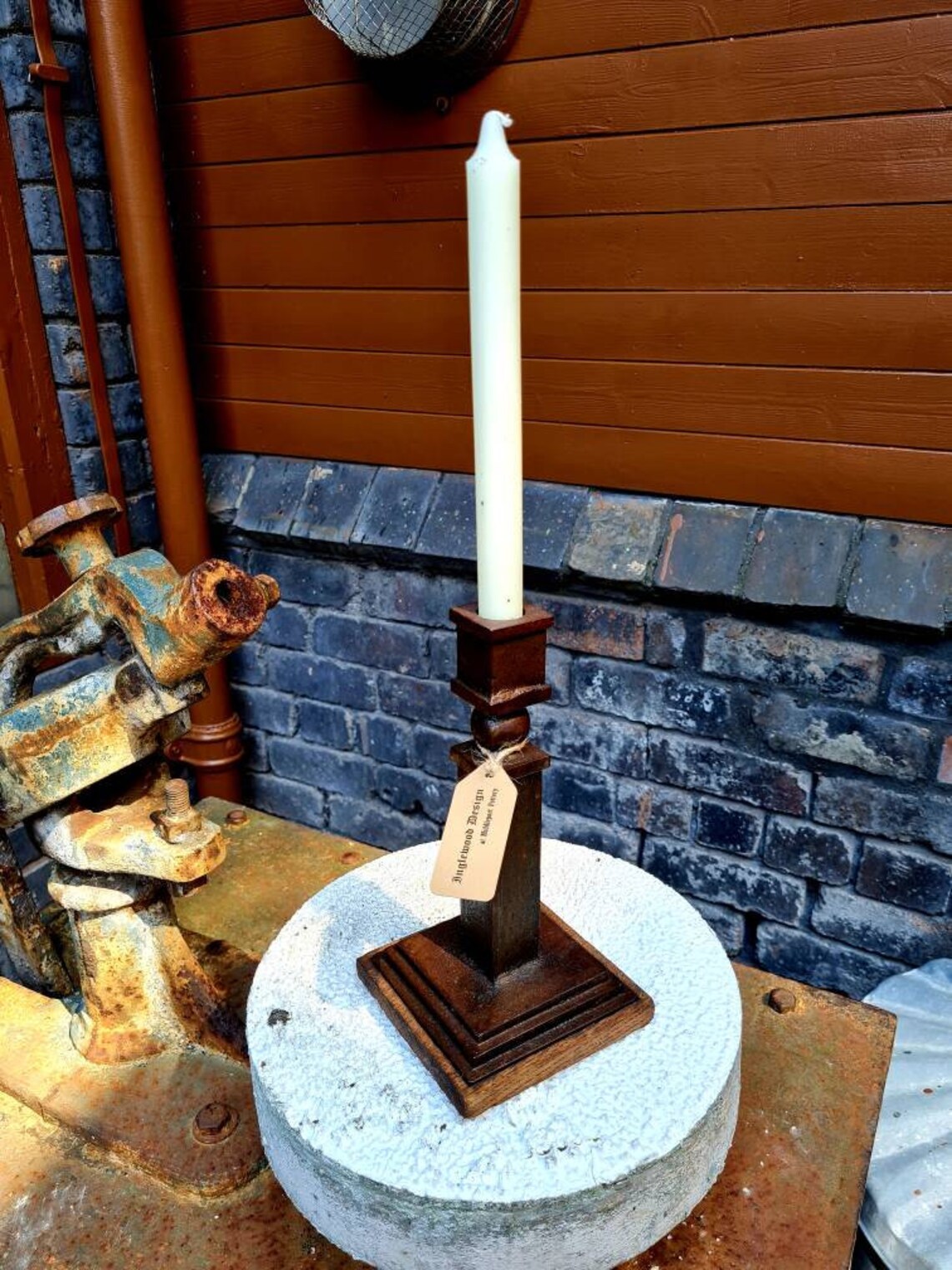 Beautiful antique cast iron candlestick holder with oak base Etsy