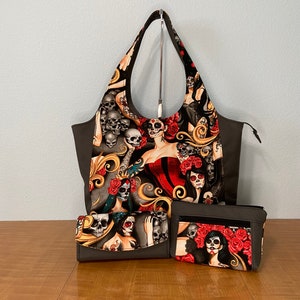 Tatuaje Chicas Día de los Muertos Tote Bolso gótico Hombro Asa superior Monedero Calaveras Halloween NCW Cartera con cremallera Bolsa grande para accesorios de maquillaje