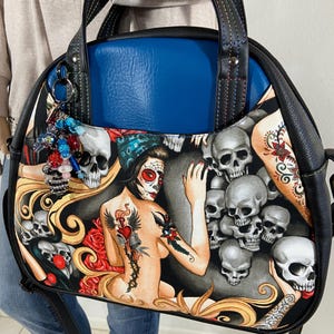 Day of the Dead Tattooed Pinup Girls Handbag Crossbody Top Handle Goth Purse Erica Bowler Zippered Water Resistant Travel Large Bag