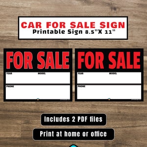 Auto te koop bord digitale download (8,5x11 inch) PDF-formaat afdrukbaar, voertuig te koop, te koop door eigenaar, leeg bord, doe-het-zelf auto te koop