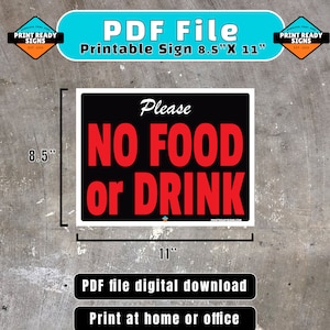 Please No Food or Drink Digital Sign Download (8.5x11 inches) PDF format Printable - adobe printable sign no food no drinks customer store